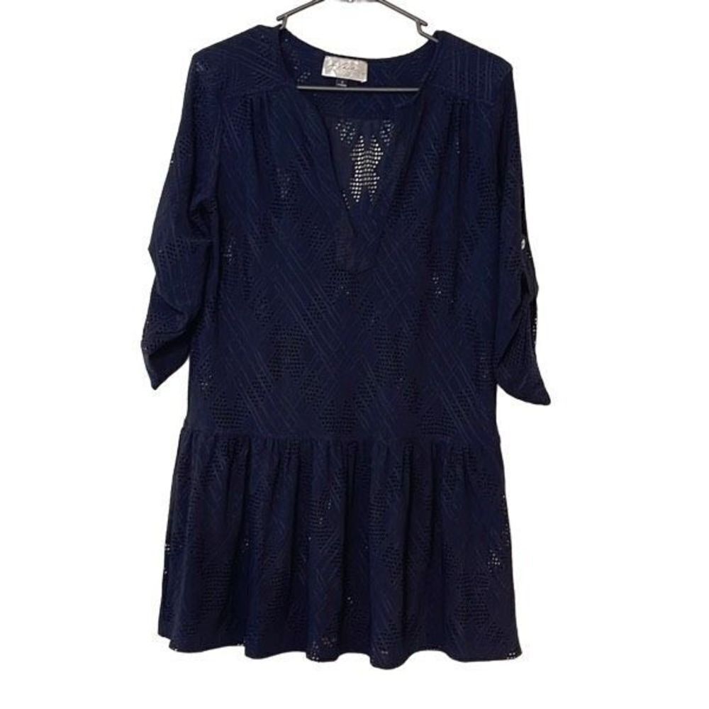 J Valdi Women's Navy Roll Tab Sleeve‎ Drop Waist Eyelet Swim Cover Up Small